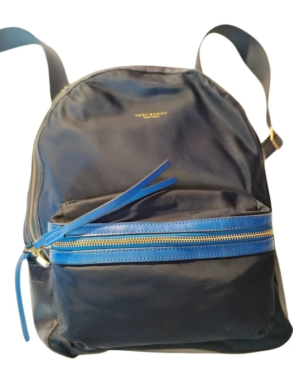 Tory Burch Perry Nylon Colorblock Zip Backpack in Royal Navy and Cobalt Blue.